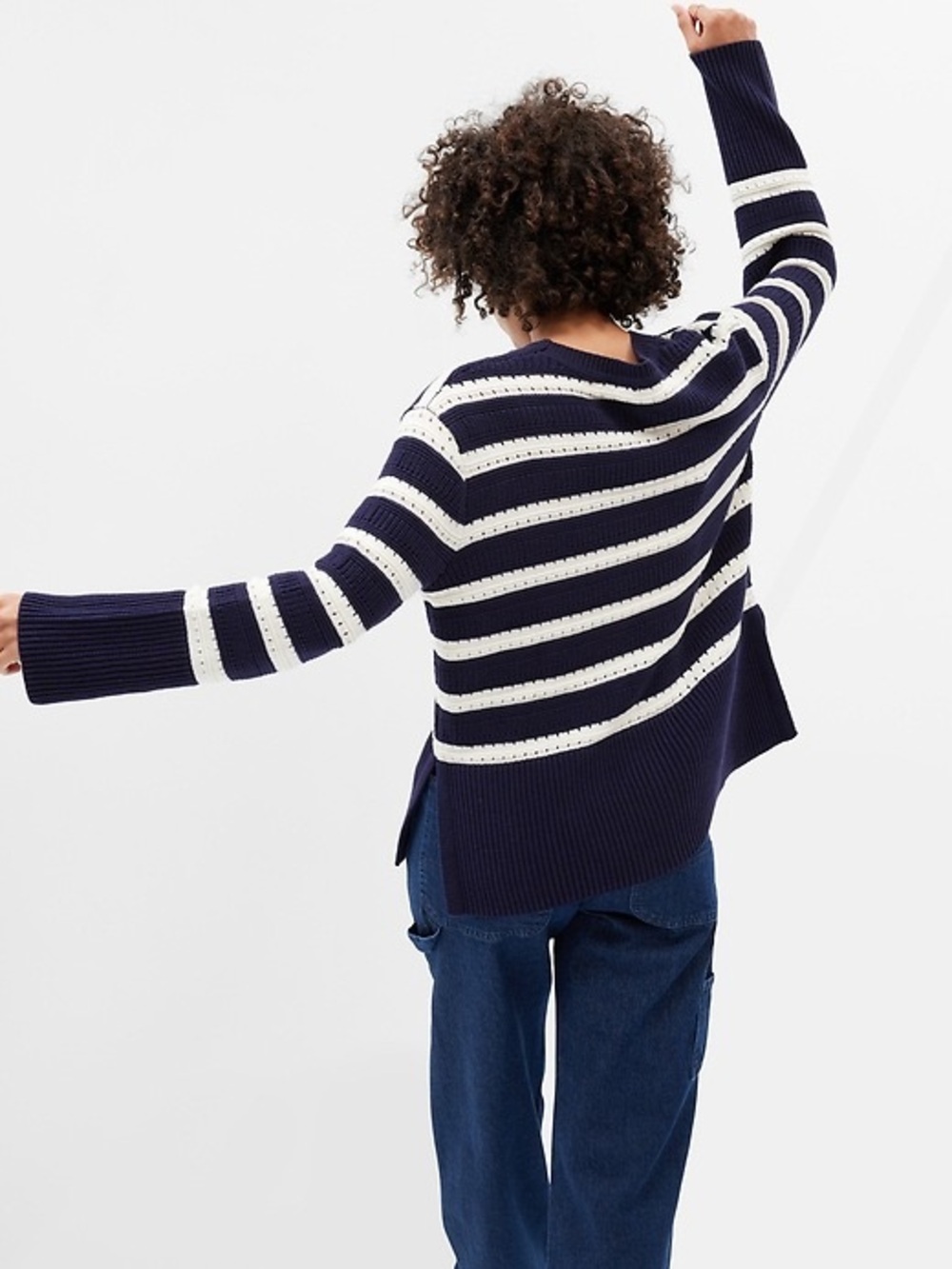 GAP Relaxed Split-Hem Tunic Sweater — Striped Navy & White — Medium